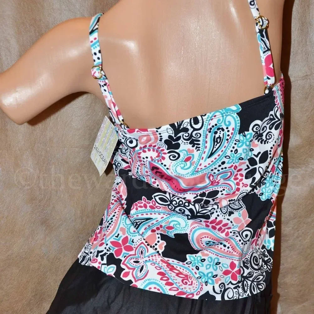Women's Black Swimdress with Pink & Blue Paisley Print